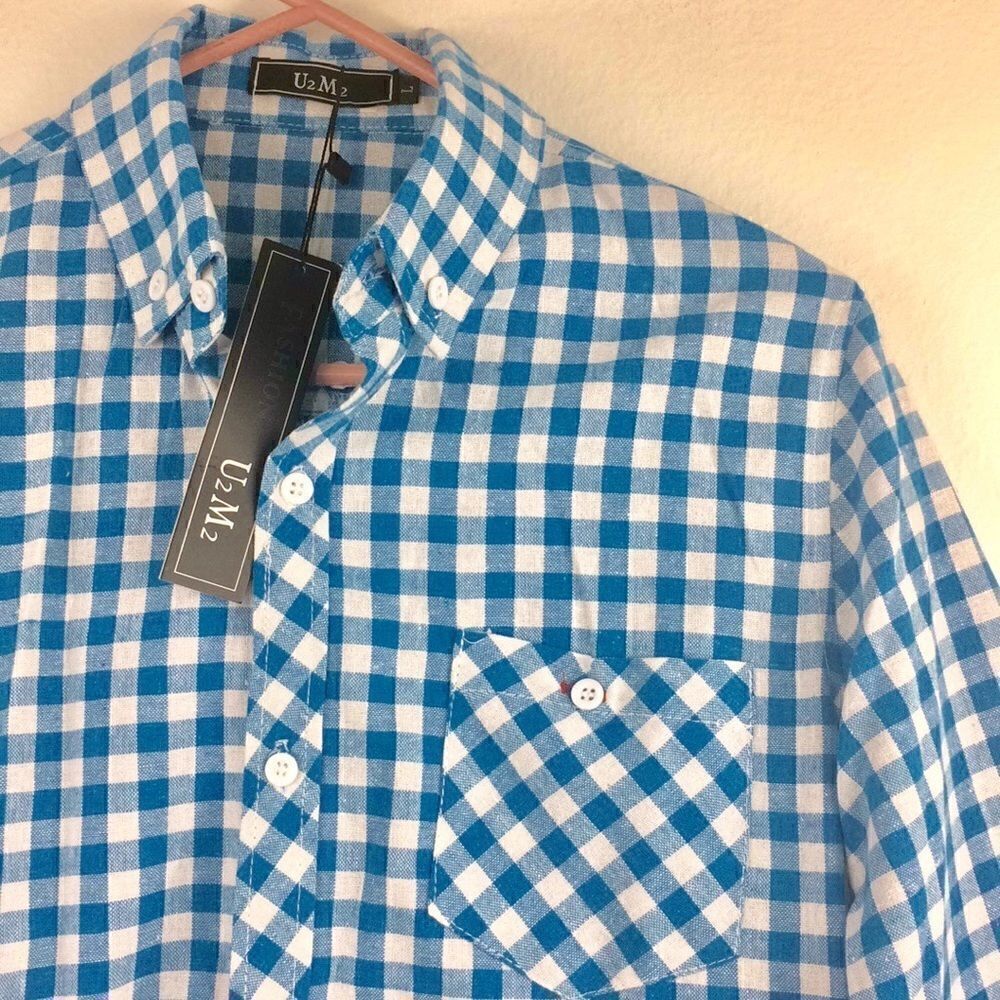 NEW U2m2 blue/white gingham boyfriend button down - Picture 5 of 7